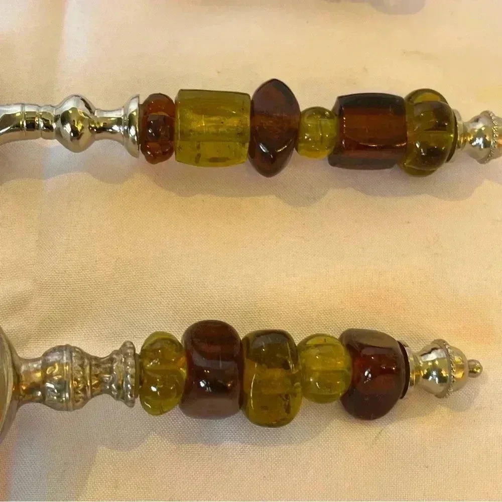 Vintage 1970s Silver Plated Green and Amber Beaded Party Serveware Set of 8